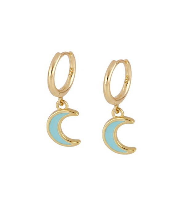 Pendientes de plata con baño de oro con aro y luna de enamel turquesa