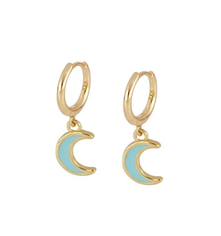 Pendientes de plata con baño de oro con aro y luna de enamel turquesa