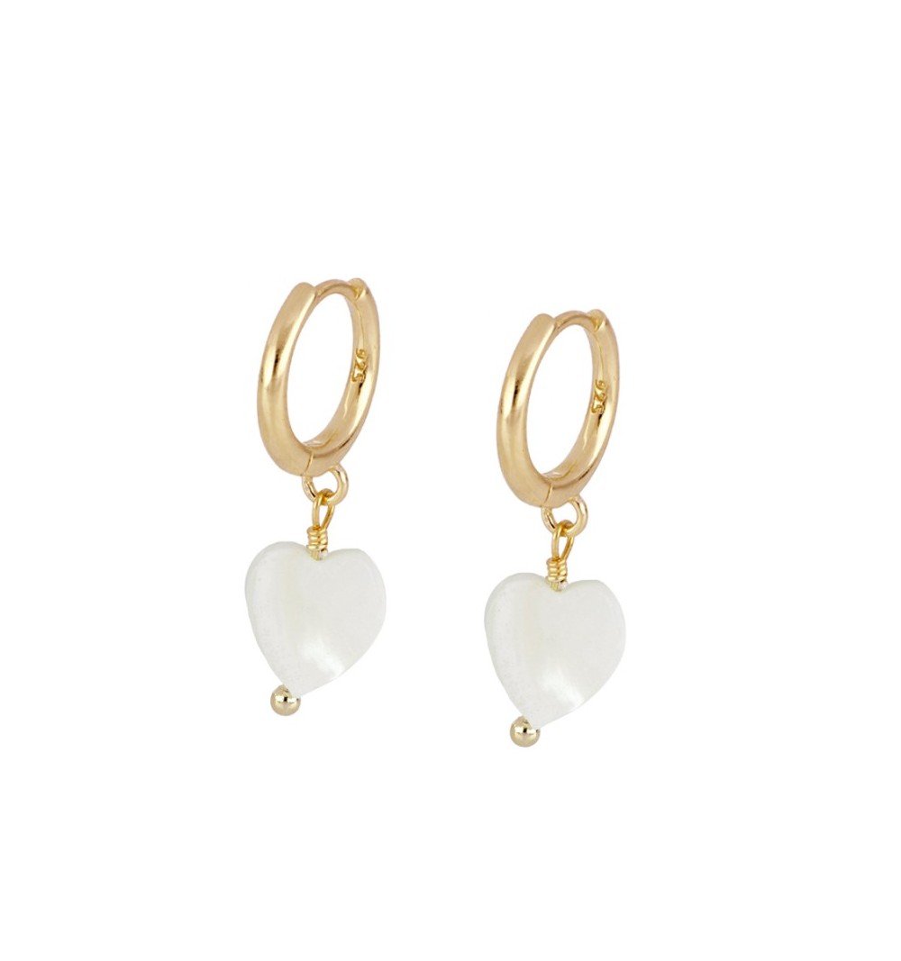 Earrings of ring of 12 mm, 925 sterling silver, gold-plated, whit nacre heart