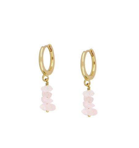 Pendientes de aro de plata 925 con baño de oro , con chips de cuarzo rosa