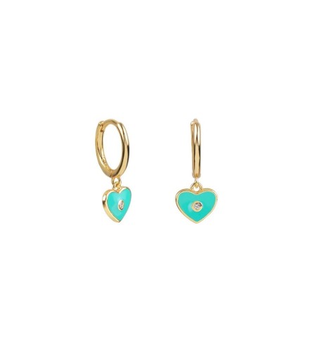 Pendientes de aro de plata 925 con baño de oro , con corazón de color verde azulado