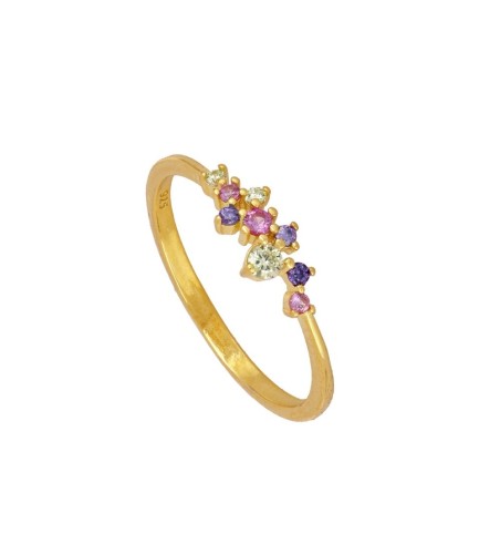 Anillo de plata de ley con baño de oro y circonitas de colores.