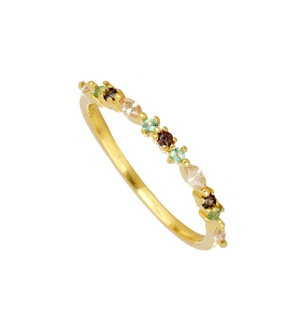 Anillo de plata 925 con baño de oro y circonitas de colores